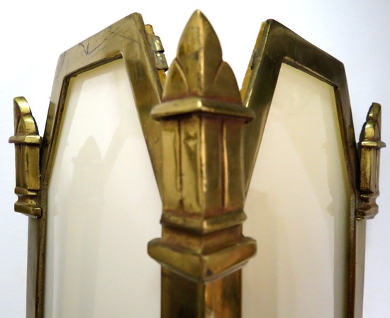 Pair Large American Art Deco Bronze and Milk Glass Theatre Sconces